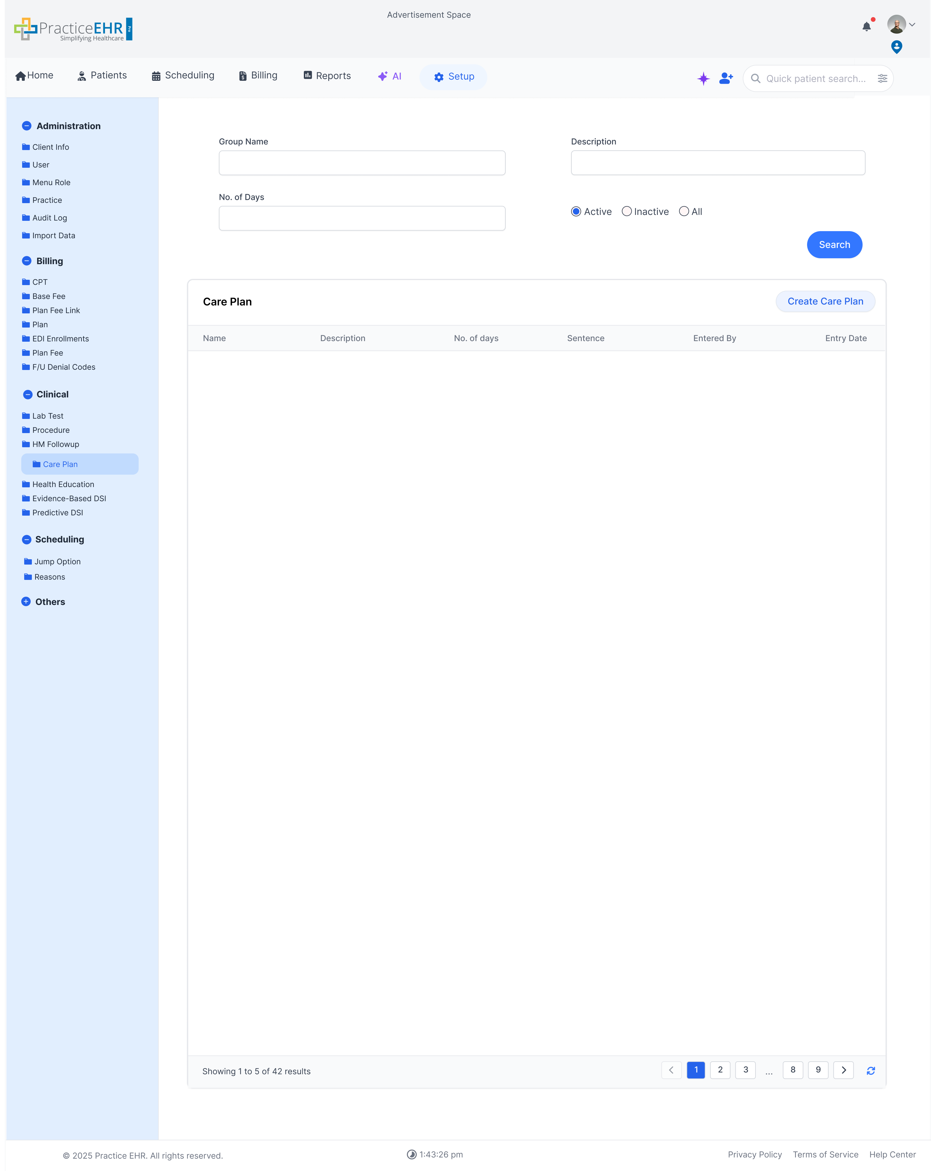 Care Plan management screen